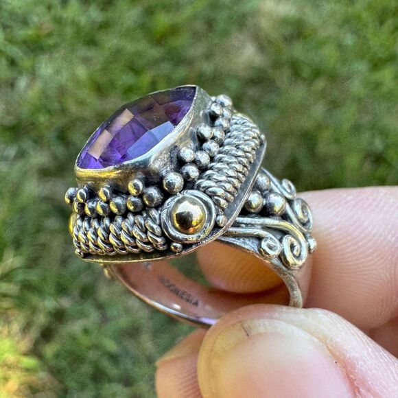 Amethyst Ring 925 Silver & 18k Gold BA Suarti Size 7.5 - Picture 5 of 17